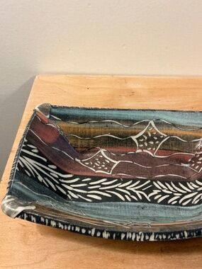 Hand made Ceramic dish/bowl, colorful, dotted, carved, intricate details signed